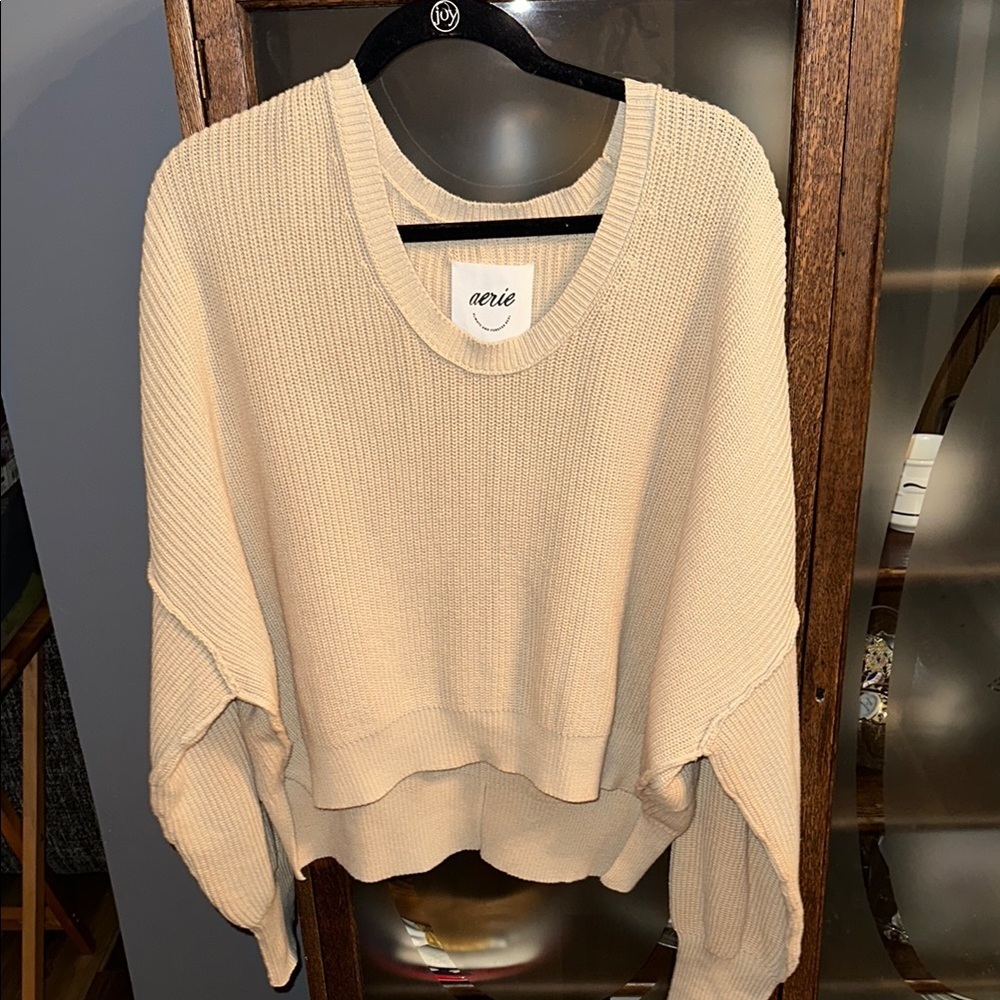 aerie Cream Scoop Neck Knit Sweater